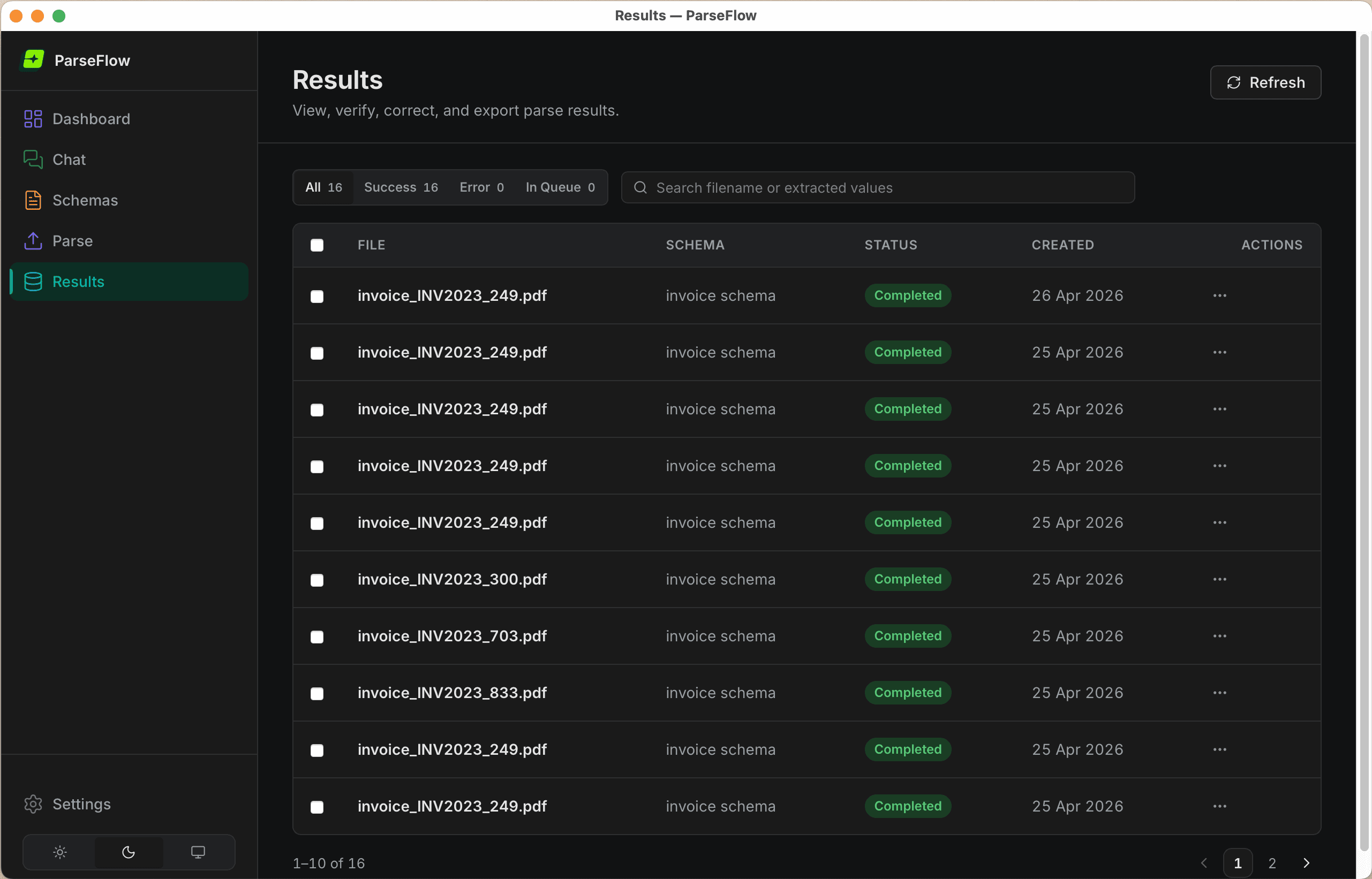 ParseFlow results page in dark mode showing 16 completed invoice parses