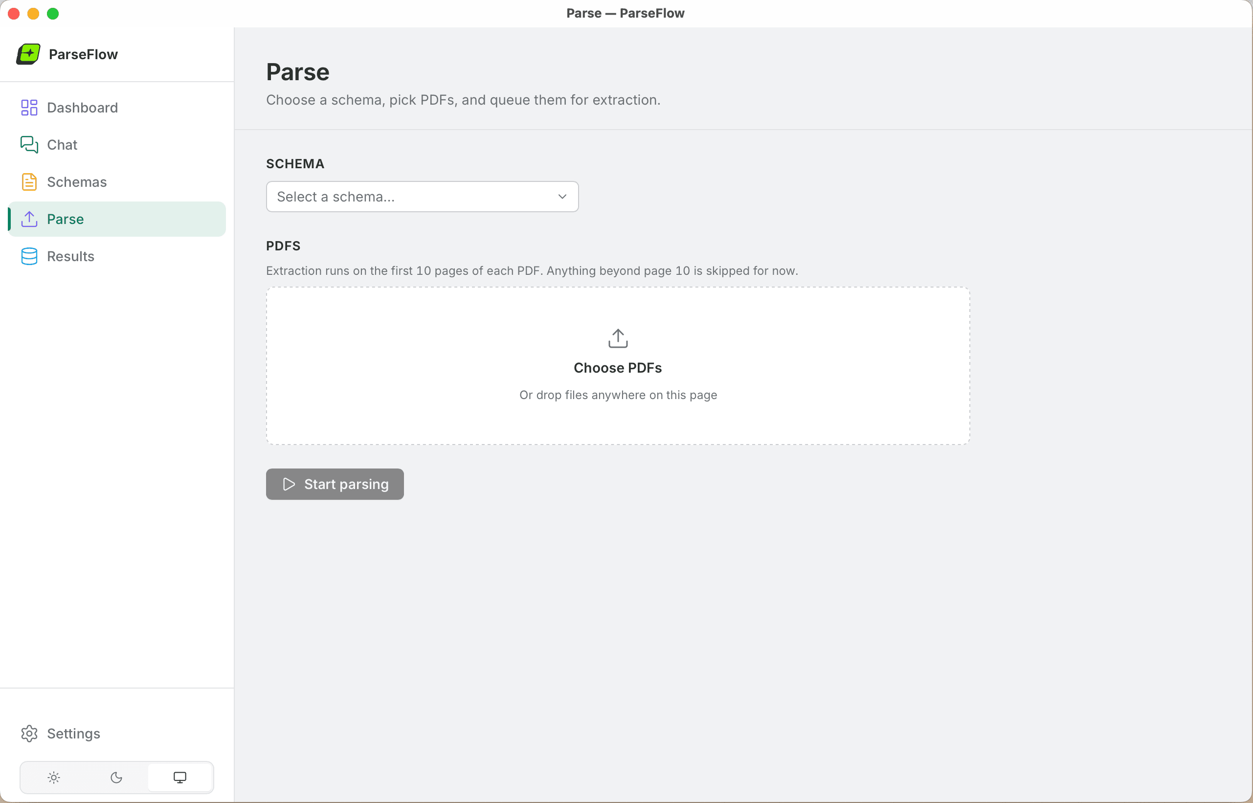 ParseFlow parse page — choose a schema, drop PDFs, and start extraction