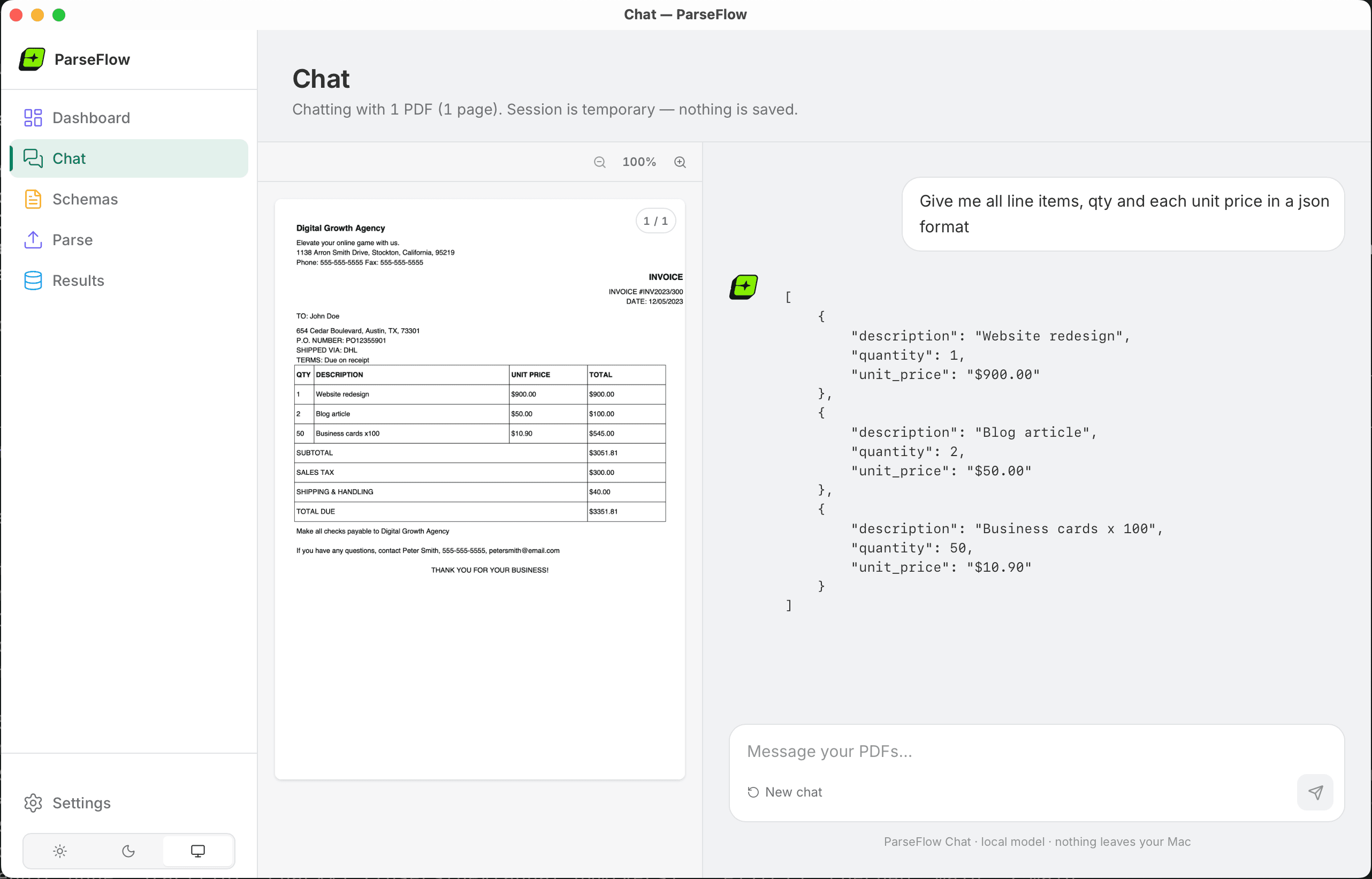 ParseFlow PDF chat — local AI answering 'what is the invoice total?' with EUR 87,20