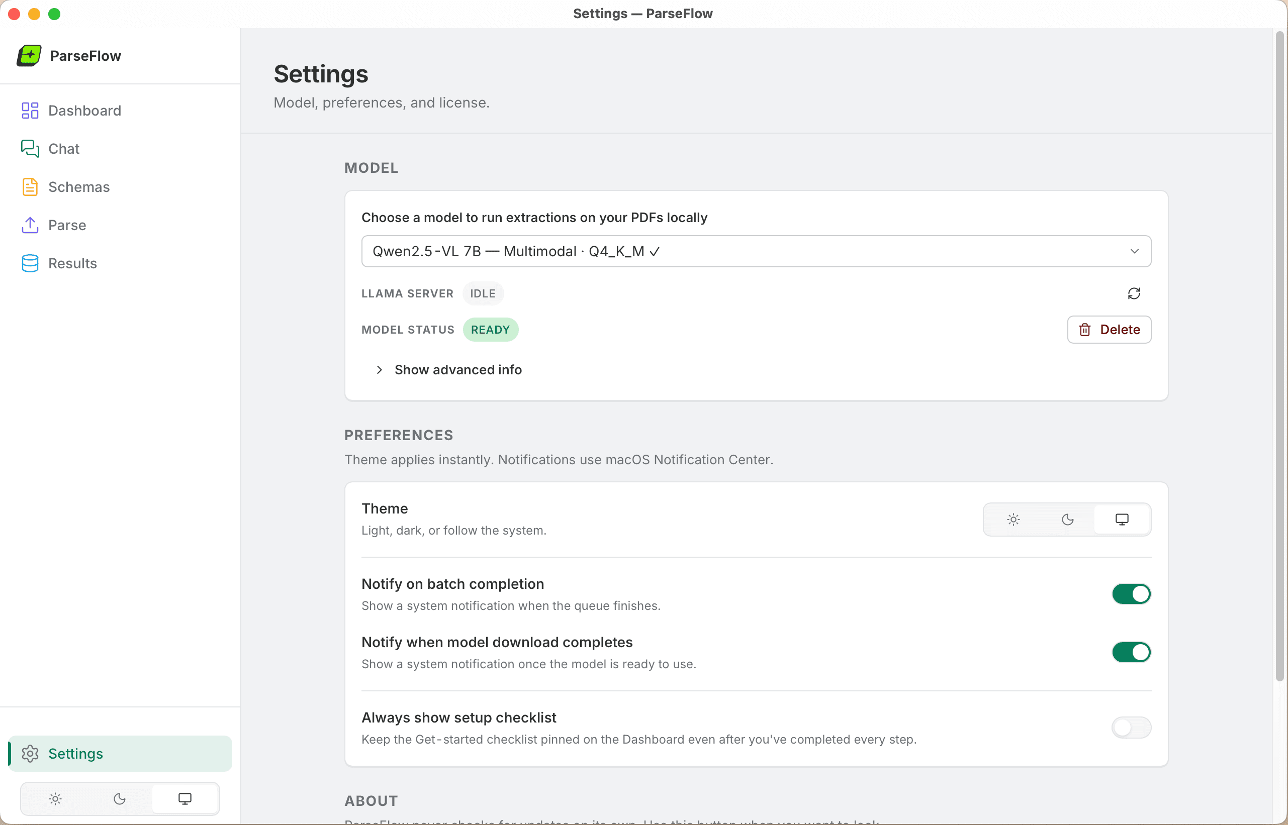 ParseFlow Settings — choose your AI model and configure preferences
